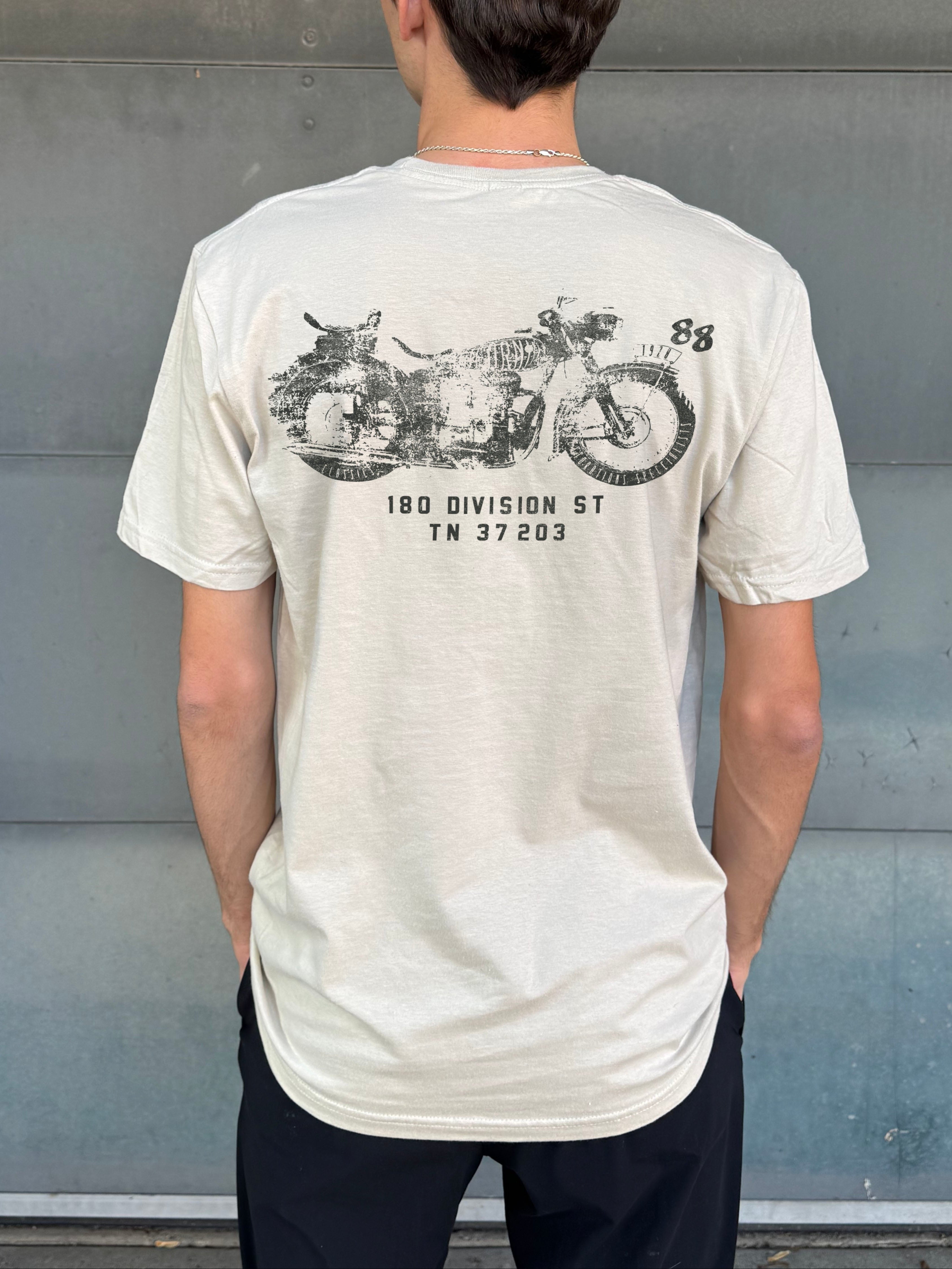 men's off white "Nashville motorcycle Club" shirt with black print