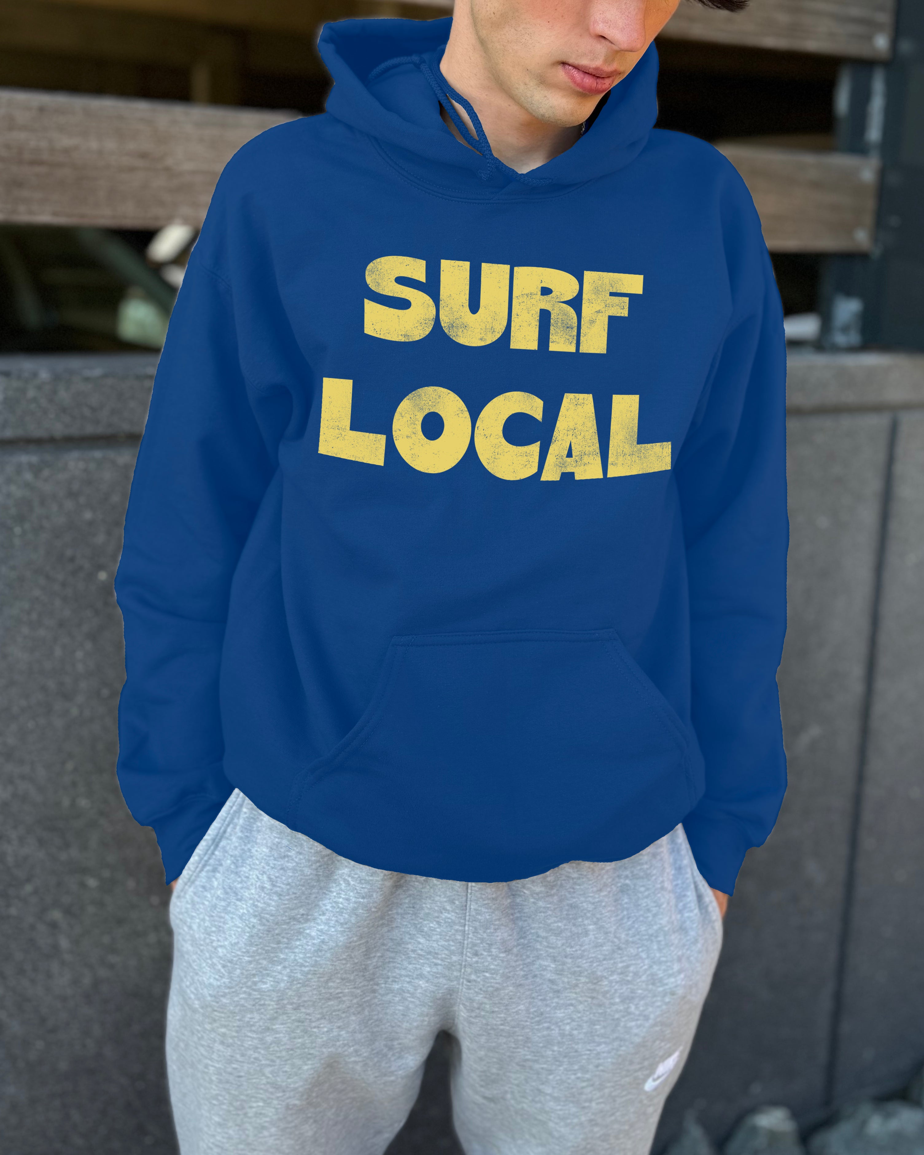 Royal bluehoodie with "Surf Local" text in yellow for men