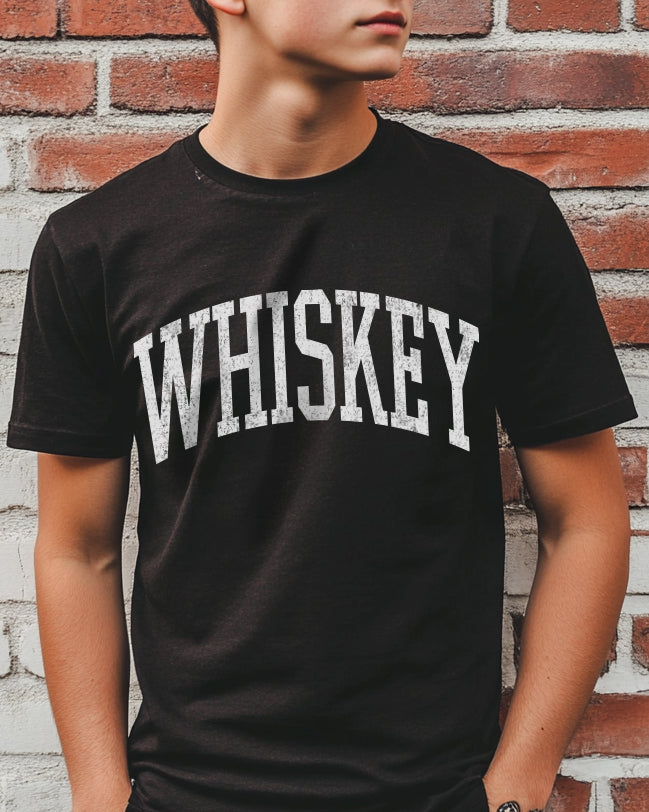 Black men's t-shirt with "Whiskey" in white font