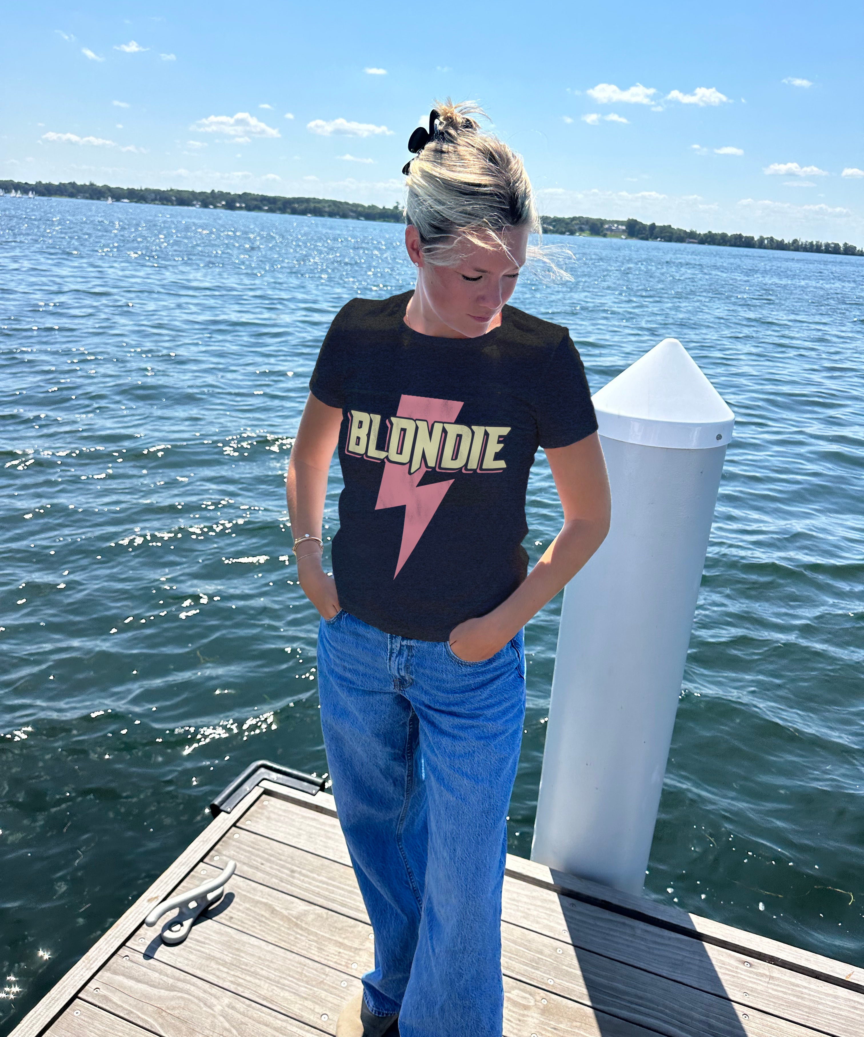 Black "Blondie" Tee shirt for Women with pink lightning bolt and yellow text that says "Blondie"
