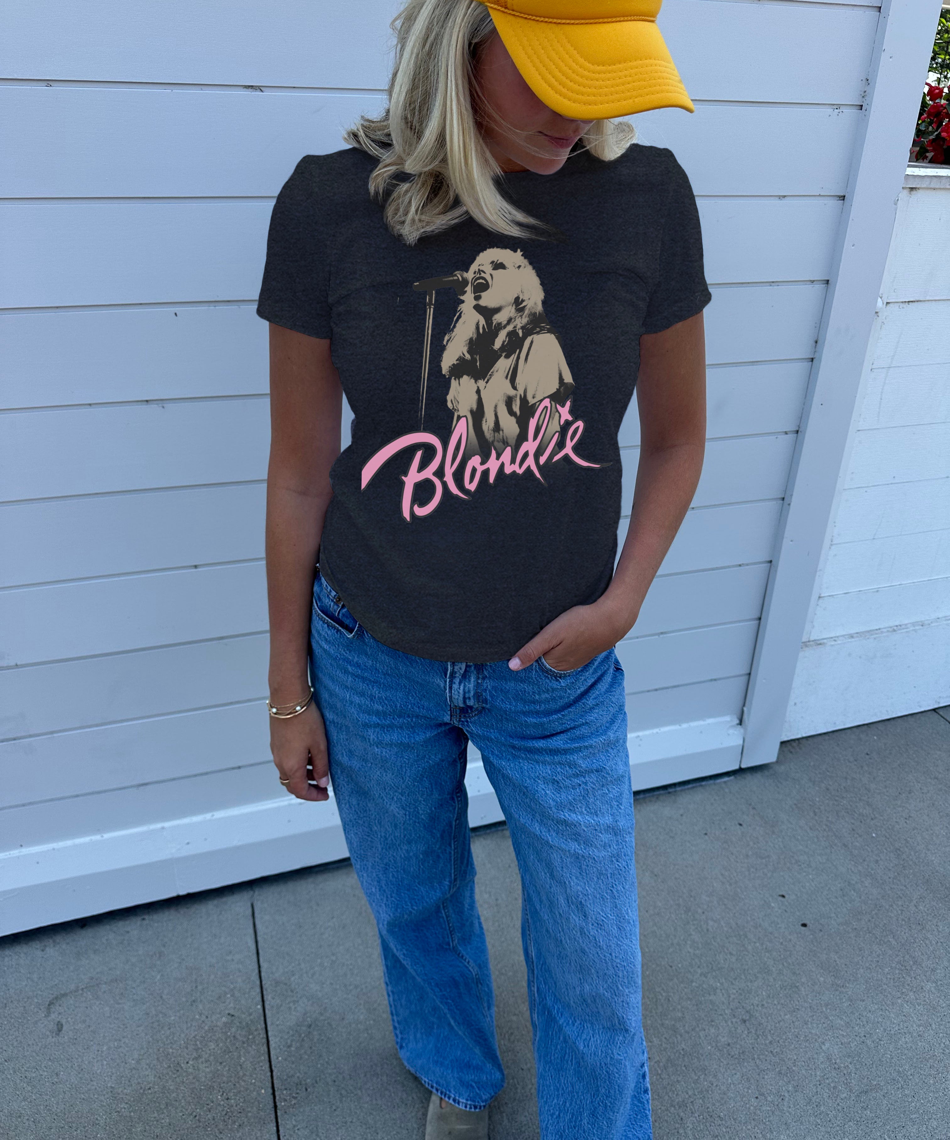Black "Blondie" Tee shirt for Women with "Blondie" image and pink text that says "Blondie"