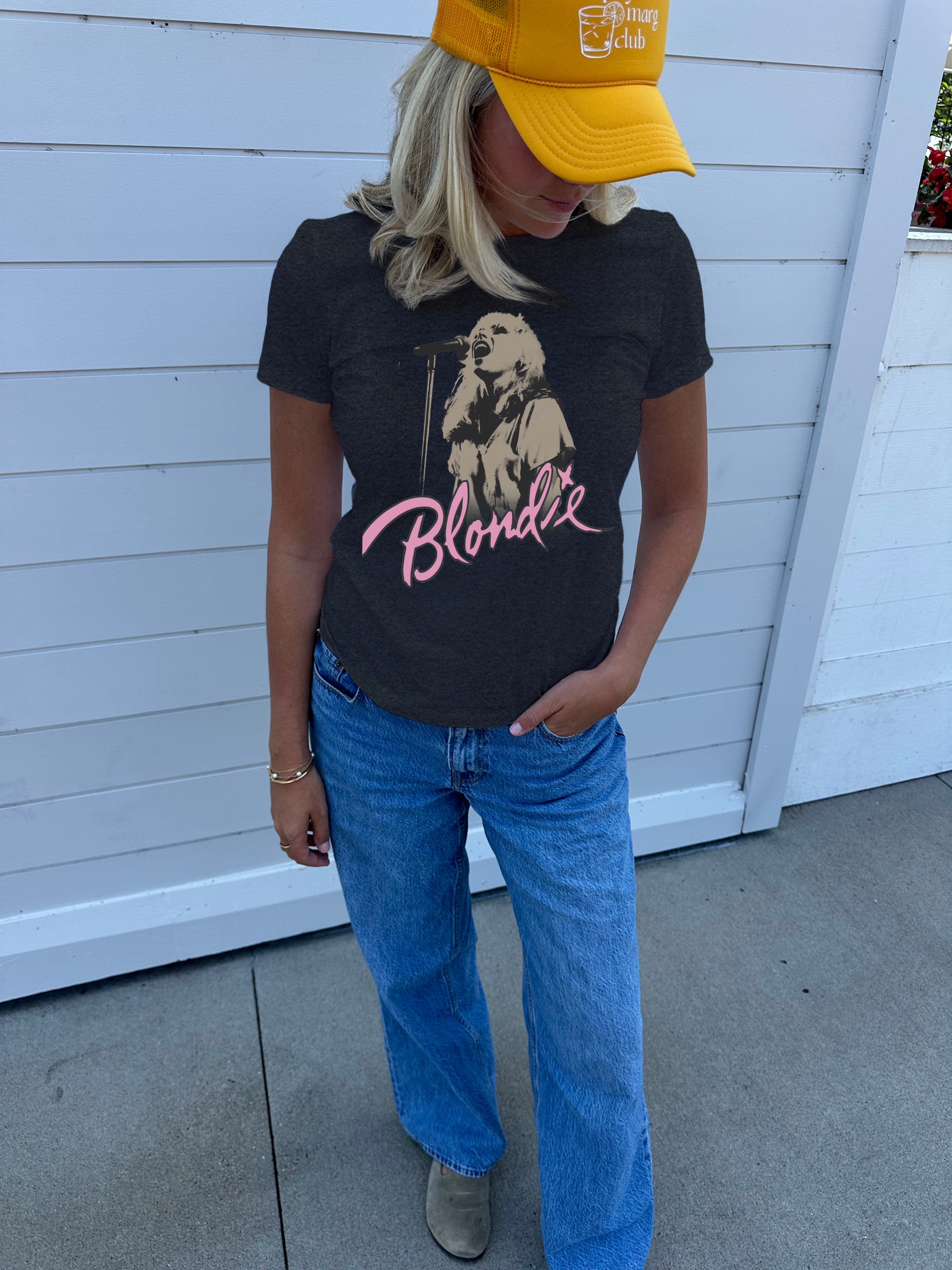 Black "Blondie" Tee shirt for Women with "Blondie" image and pink text that says "Blondie"