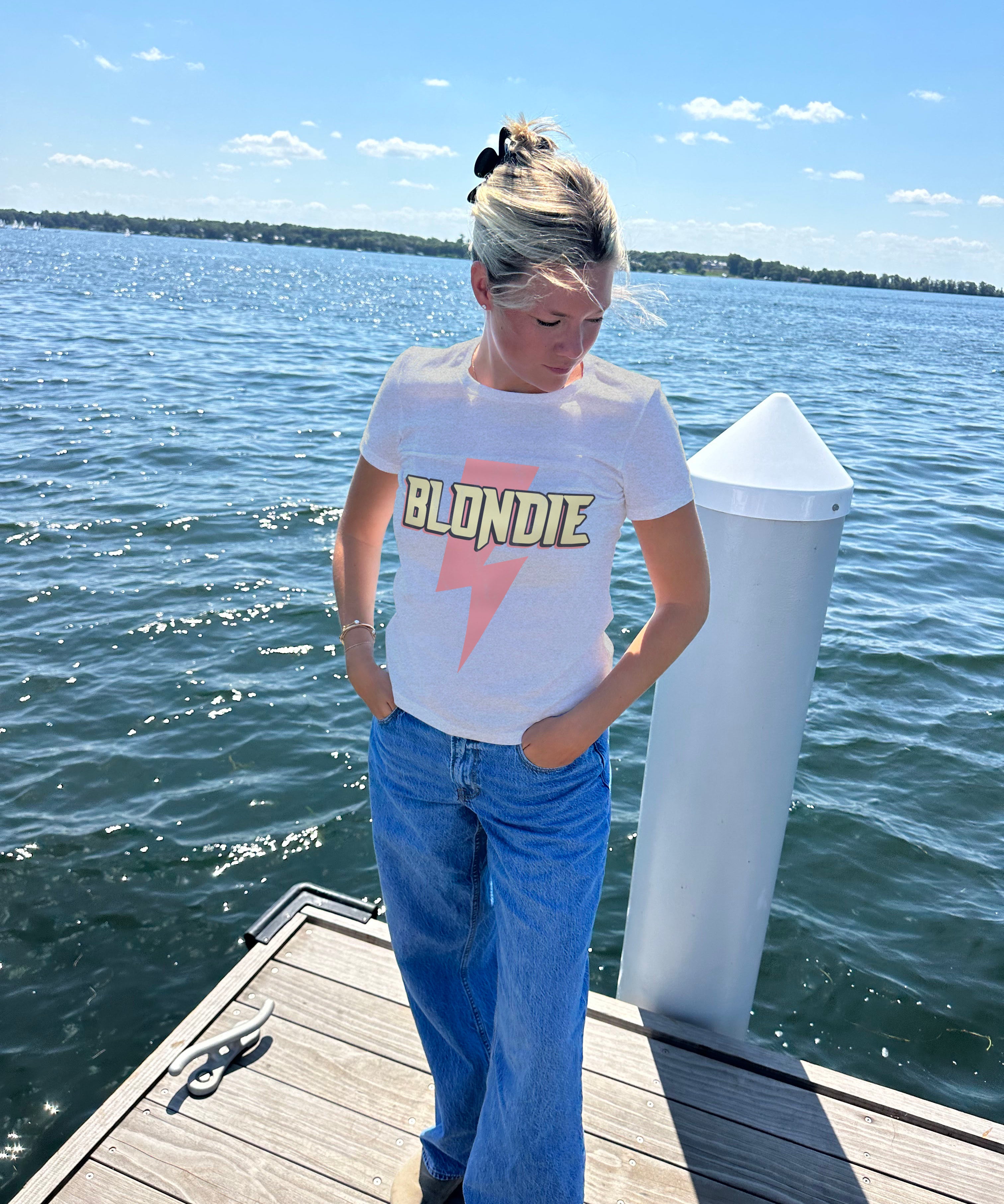 White "Blondie" Tee shirt for Women with pink lightning bolt