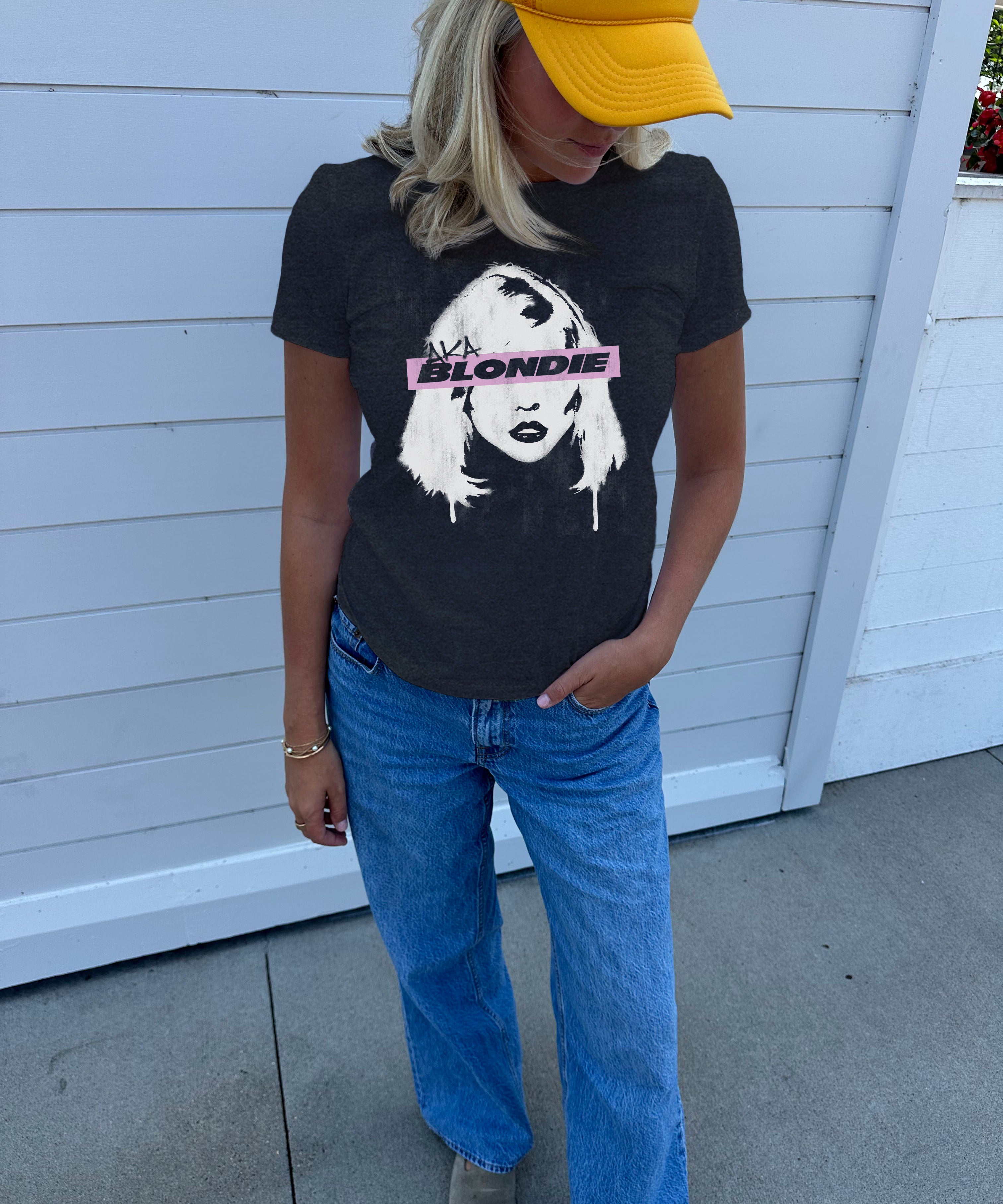 Black "Blondie" Tee shirt for Women with "Blondie" image and pink text that says "Blondie" over Eyes