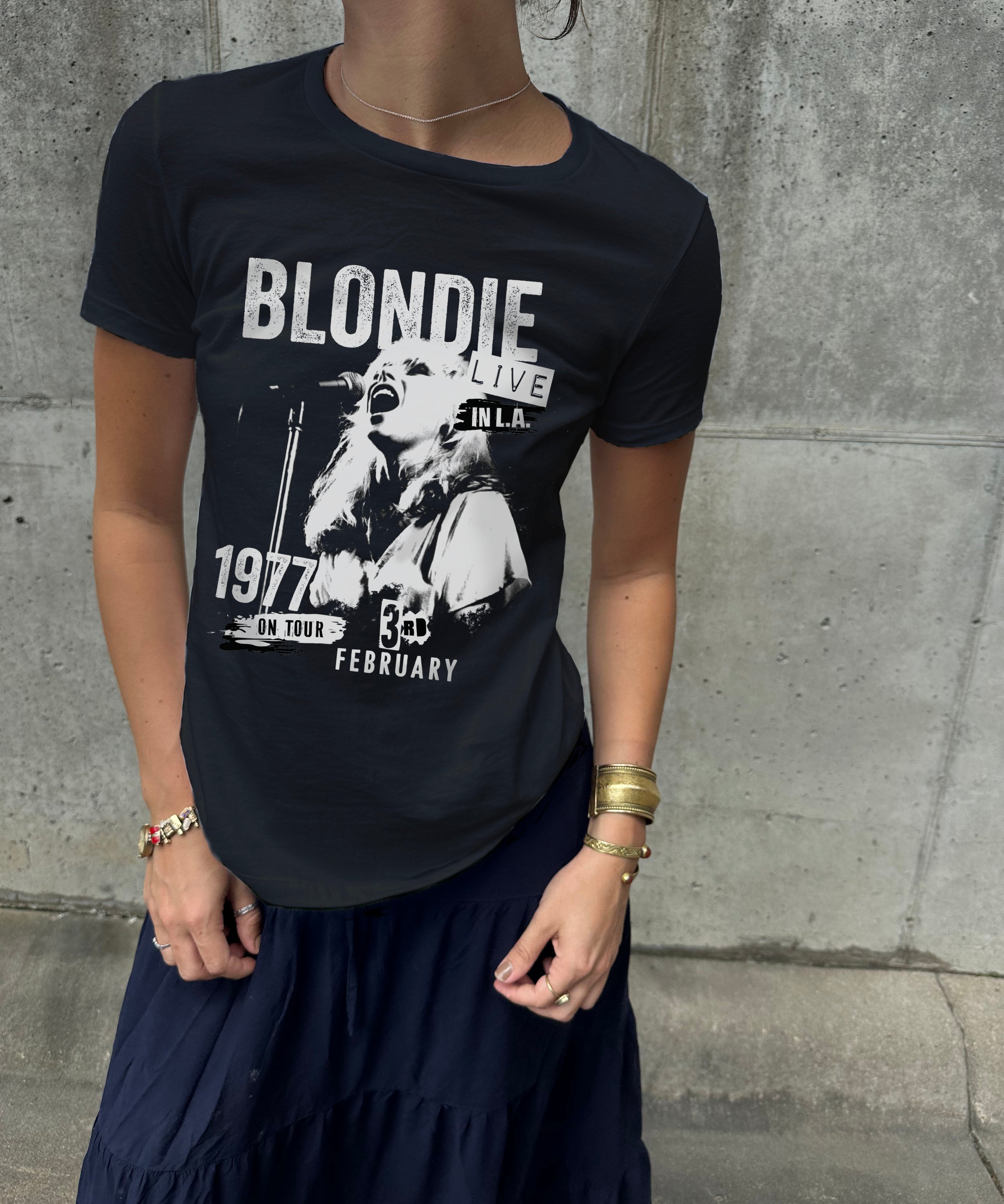 Black "Blondie" Tee shirt for Women with "Blondie" album cover and white text that says "Blondie"