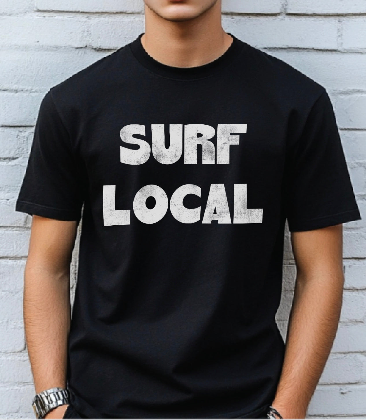 black shirt with white text that says "Surf Local" for boys