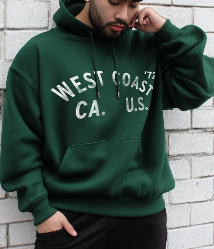 Dark green West Coast hoodie with faded white text for men
