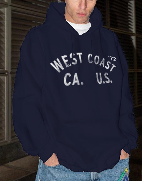 Navy West Coast hoodie with faded white text for men