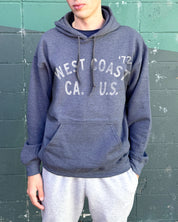 Heather West Coast hoodie with faded white text for men