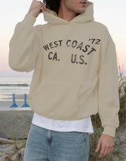 Sand West Coast hoodie with faded gray text for men