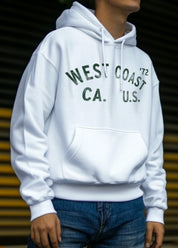 White West Coast hoodie with faded green text for men